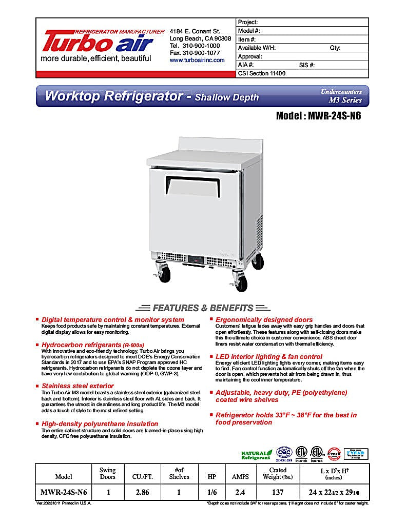 Turbo Air MWR-24S-N6 M3 Series 24" Shallow Depth Undercounter Worktop Refrigerator w/ (1) Section, 1 Solid Door - Donut-Equipment.com
