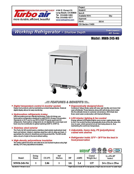 Turbo Air MWR-24S-N6 M3 Series 24" Shallow Depth Undercounter Worktop Refrigerator w/ (1) Section, 1 Solid Door - Donut-Equipment.com