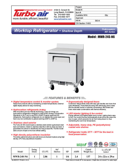 Turbo Air MWR-24S-N6 M3 Series 24" Shallow Depth Undercounter Worktop Refrigerator w/ (1) Section, 1 Solid Door - Bakery Wholesalers