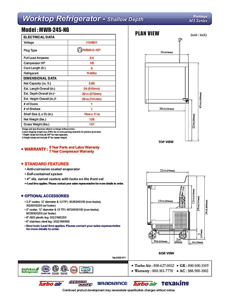 Turbo Air MWR-24S-N6 M3 Series 24" Shallow Depth Undercounter Worktop Refrigerator w/ (1) Section, 1 Solid Door - Donut-Equipment.com
