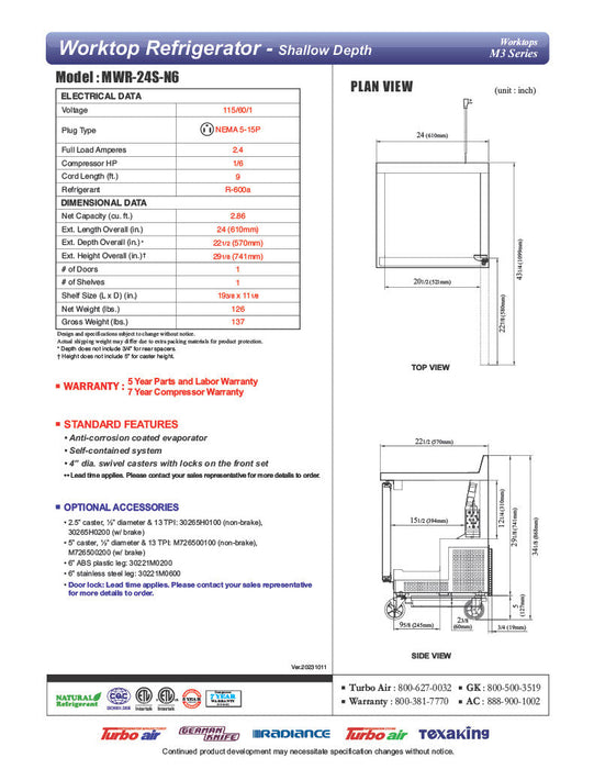 Turbo Air MWR-24S-N6 M3 Series 24" Shallow Depth Undercounter Worktop Refrigerator w/ (1) Section, 1 Solid Door - Bakery Wholesalers