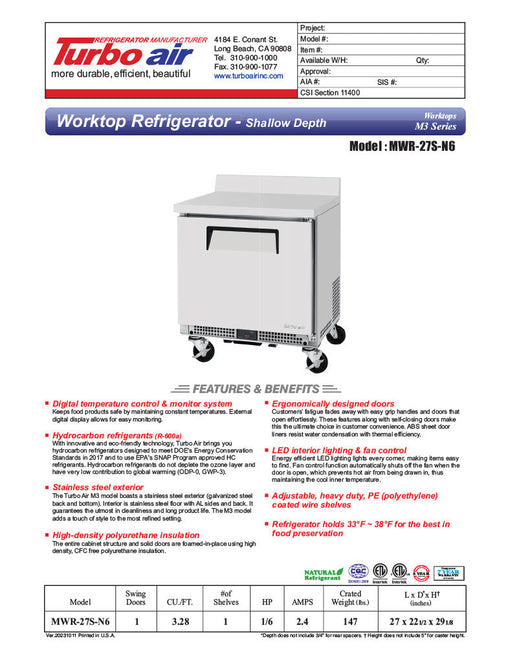 Turbo Air MWR-27S-N6 M3 Series 27" Shallow Depth Undercounter Worktop Refrigerator w/ (1) Section, 1 Solid Door - Bakery Wholesalers