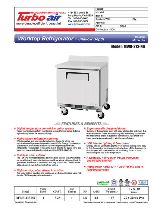 Turbo Air MWR-27S-N6 M3 Series 27" Shallow Depth Undercounter Worktop Refrigerator w/ (1) Section, 1 Solid Door - Bakery Wholesalers