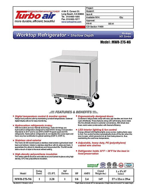 Turbo Air MWR-27S-N6 M3 Series 27" Shallow Depth Undercounter Worktop Refrigerator w/ (1) Section, 1 Solid Door - Donut-Equipment.com