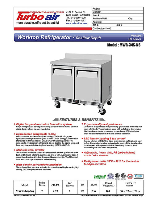 Turbo Air MWR-34S-N6 M3 Series 34" Shallow Depth Undercounter Worktop Refrigerator w/ (2) Section, 2 Solid Door - Donut-Equipment.com
