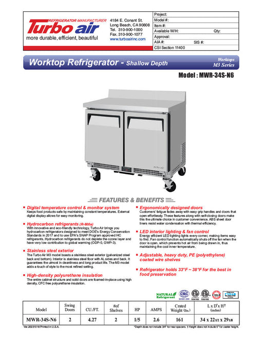 Turbo Air MWR-34S-N6 M3 Series 34" Shallow Depth Undercounter Worktop Refrigerator w/ (2) Section, 2 Solid Door - Bakery Wholesalers