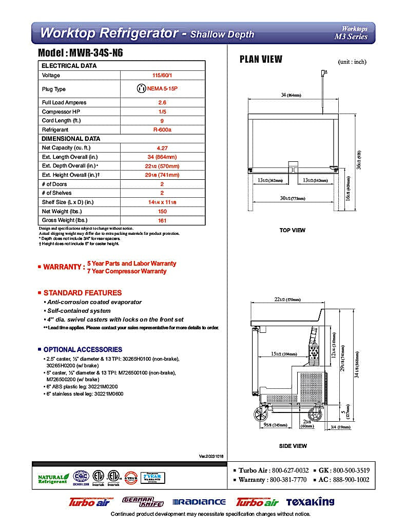 Turbo Air MWR-34S-N6 M3 Series 34" Shallow Depth Undercounter Worktop Refrigerator w/ (2) Section, 2 Solid Door - Donut-Equipment.com
