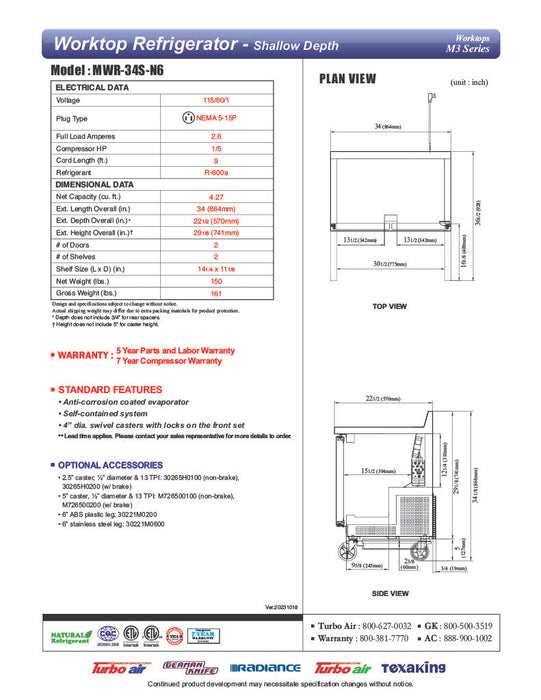 Turbo Air MWR-34S-N6 M3 Series 34" Shallow Depth Undercounter Worktop Refrigerator w/ (2) Section, 2 Solid Door - Bakery Wholesalers