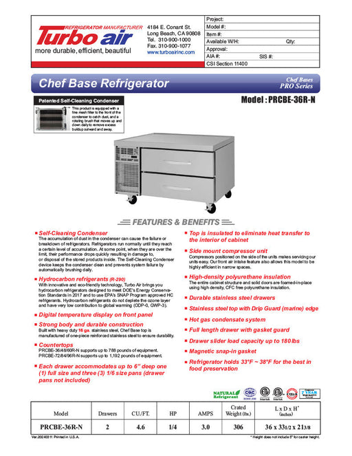 Turbo Air PRCBE-36R-N 36" PRO Series Chef Base w/ 2 Drawers - 115v - Bakery Wholesalers