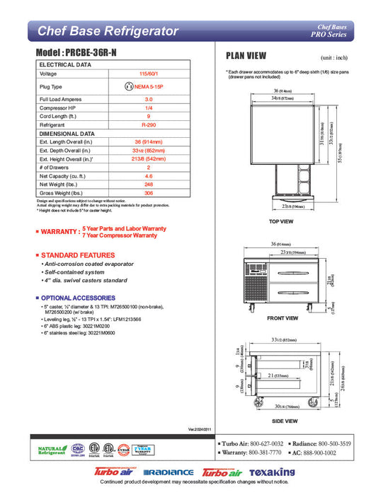 Turbo Air PRCBE-36R-N 36" PRO Series Chef Base w/ 2 Drawers - 115v - Bakery Wholesalers