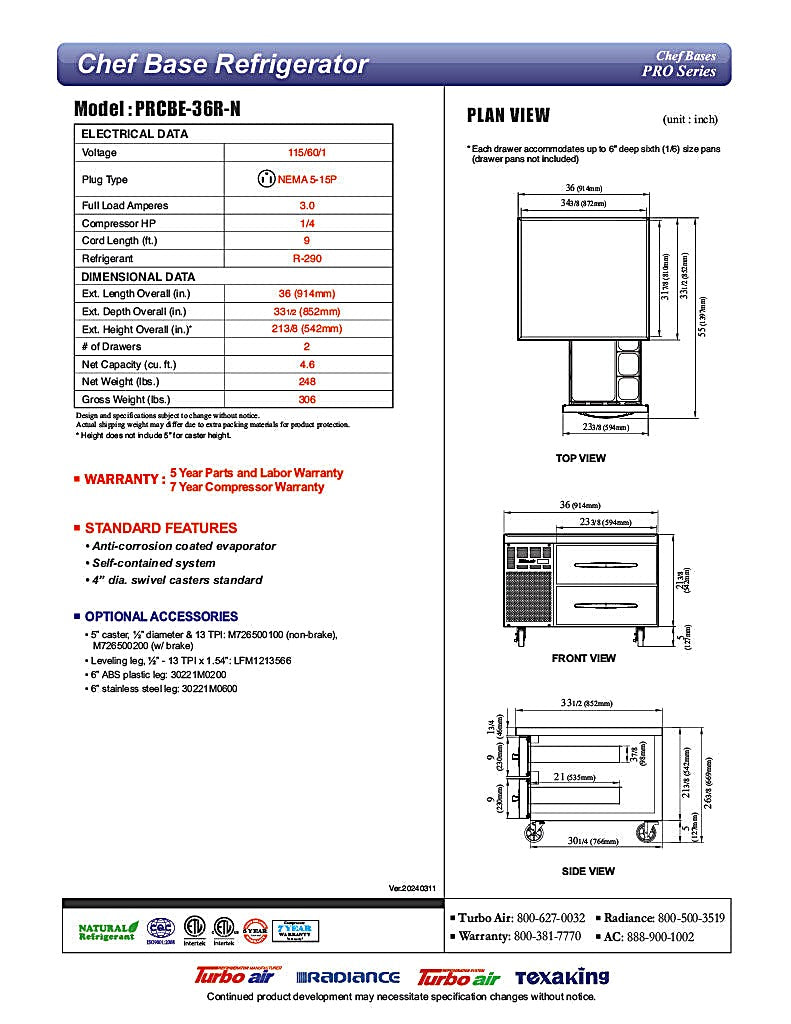 Turbo Air PRCBE-36R-N 36" PRO Series Chef Base w/ 2 Drawers - 115v - Donut-Equipment.com