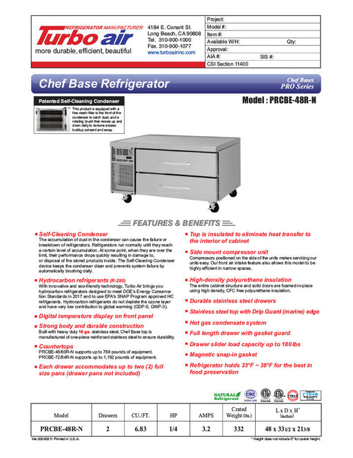 Turbo Air PRCBE-48R-N 48" PRO Series Chef Base w/ 2 Drawers - 115v - Bakery Wholesalers