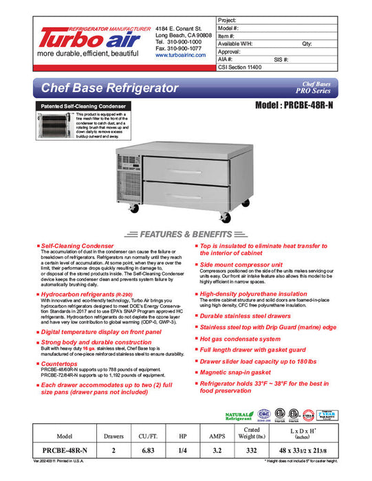 Turbo Air PRCBE-48R-N 48" PRO Series Chef Base w/ 2 Drawers - 115v - Bakery Wholesalers