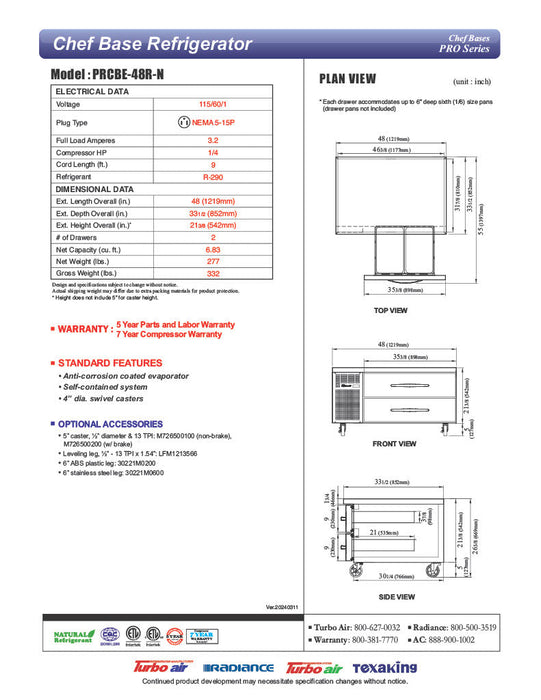 Turbo Air PRCBE-48R-N 48" PRO Series Chef Base w/ 2 Drawers - 115v - Bakery Wholesalers