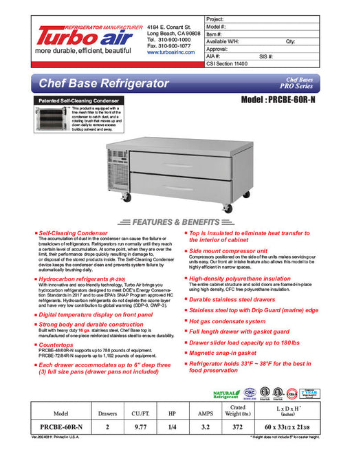 Turbo Air PRCBE-60R-N 60" PRO Series Chef Base w/ 4 Drawers - 115v - Bakery Wholesalers