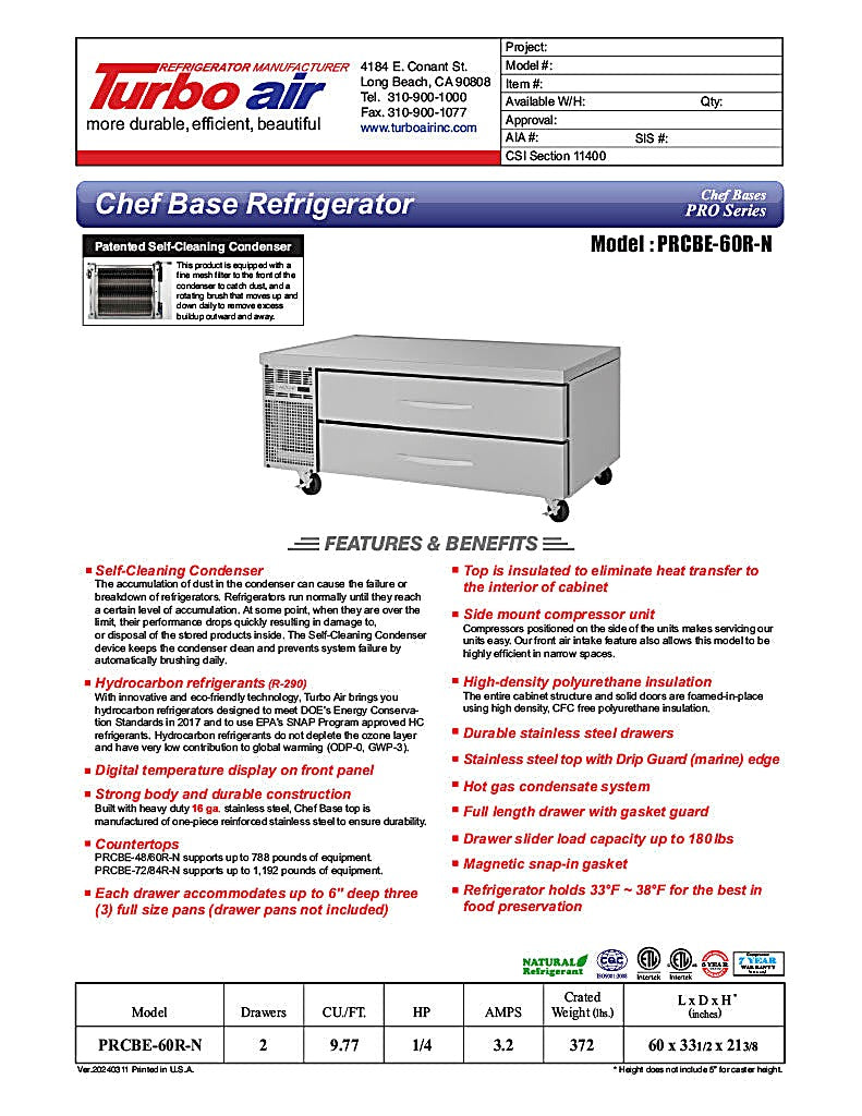 Turbo Air PRCBE-60R-N 60" PRO Series Chef Base w/ 4 Drawers - 115v - Donut-Equipment.com