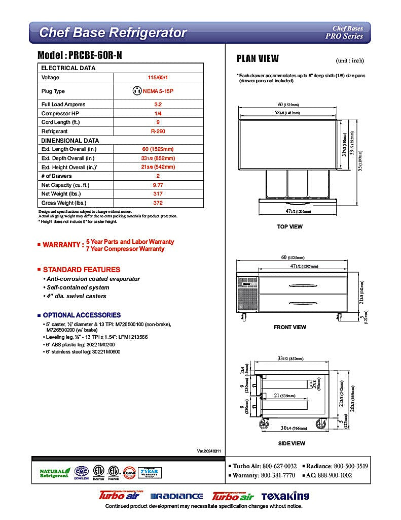 Turbo Air PRCBE-60R-N 60" PRO Series Chef Base w/ 4 Drawers - 115v - Donut-Equipment.com