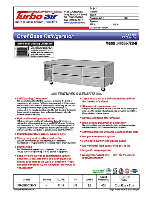 Turbo Air PRCBE-72R-N 72" PRO Series Chef Base w/ (4) Drawers - 115v - Donut-Equipment.com