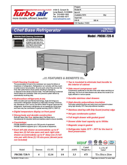 Turbo Air PRCBE-72R-N 72" PRO Series Chef Base w/ (4) Drawers - 115v - Bakery Wholesalers