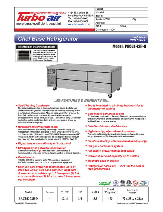 Turbo Air PRCBE-72R-N 72" PRO Series Chef Base w/ (4) Drawers - 115v - Bakery Wholesalers