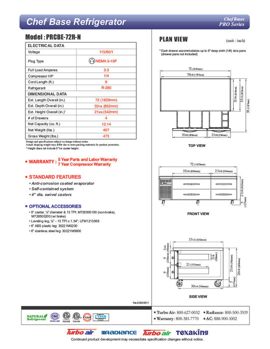 Turbo Air PRCBE-72R-N 72" PRO Series Chef Base w/ (4) Drawers - 115v - Bakery Wholesalers