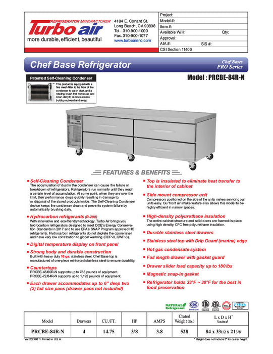 Turbo Air PRCBE-84R-N 84" PRO Series Chef Base w/ (4) Drawers - 115v - Bakery Wholesalers