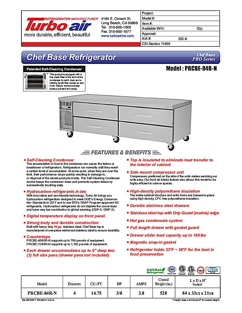 Turbo Air PRCBE-84R-N 84" PRO Series Chef Base w/ (4) Drawers - 115v - Donut-Equipment.com