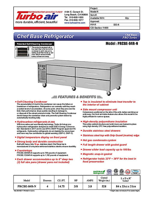 Turbo Air PRCBE-84R-N 84" PRO Series Chef Base w/ (4) Drawers - 115v - Donut-Equipment.com