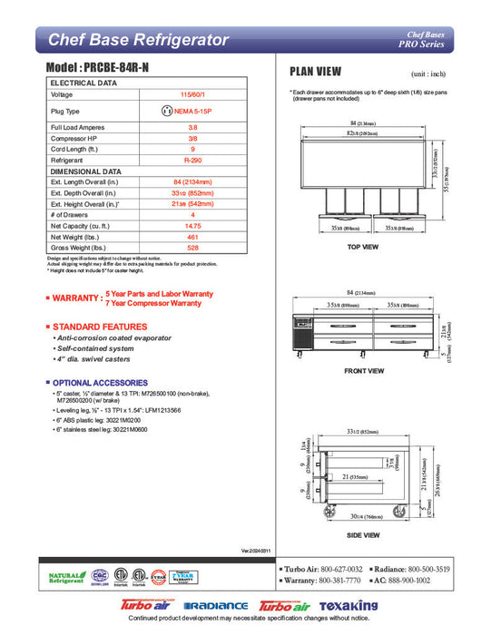 Turbo Air PRCBE-84R-N 84" PRO Series Chef Base w/ (4) Drawers - 115v - Bakery Wholesalers