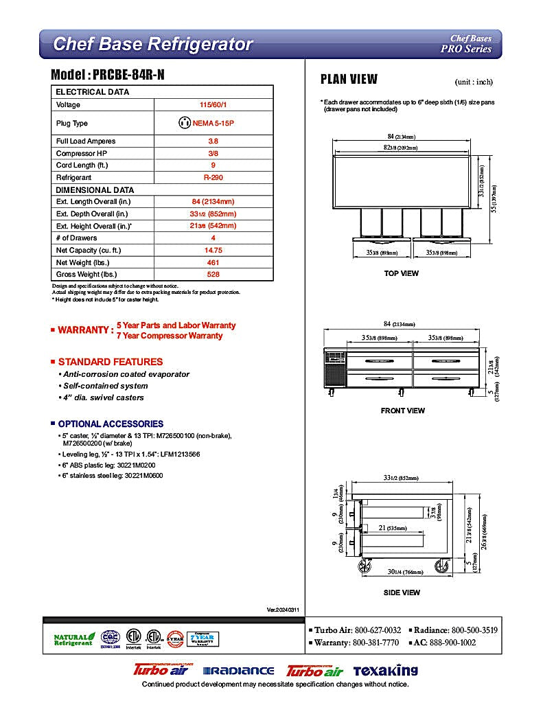 Turbo Air PRCBE-84R-N 84" PRO Series Chef Base w/ (4) Drawers - 115v - Donut-Equipment.com