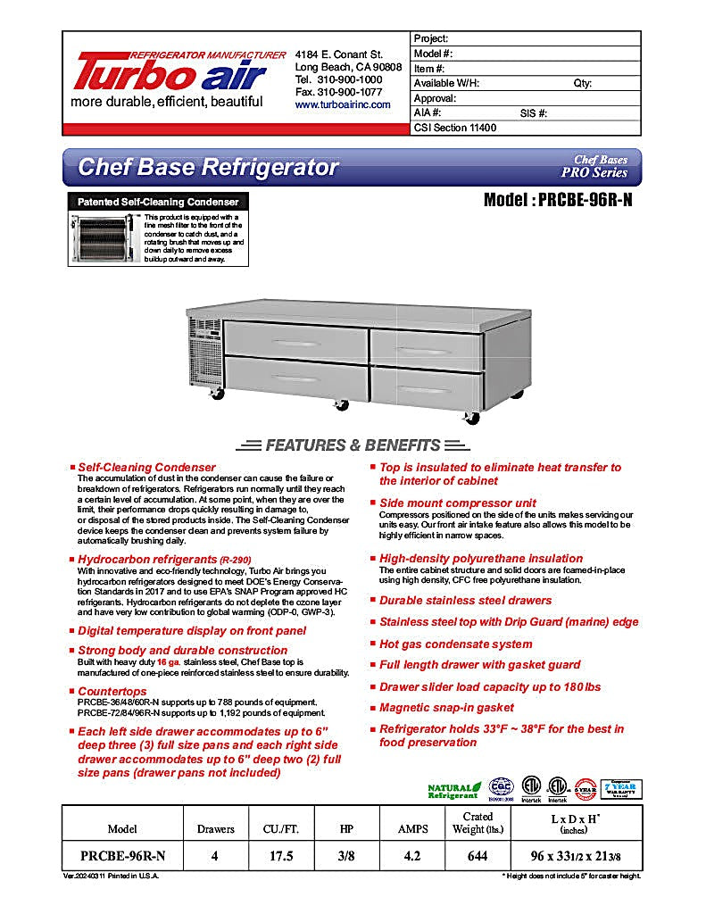 Turbo Air PRCBE-96R-N 96" PRO Series Chef Base w/ (4) Drawers - 115v - Donut-Equipment.com