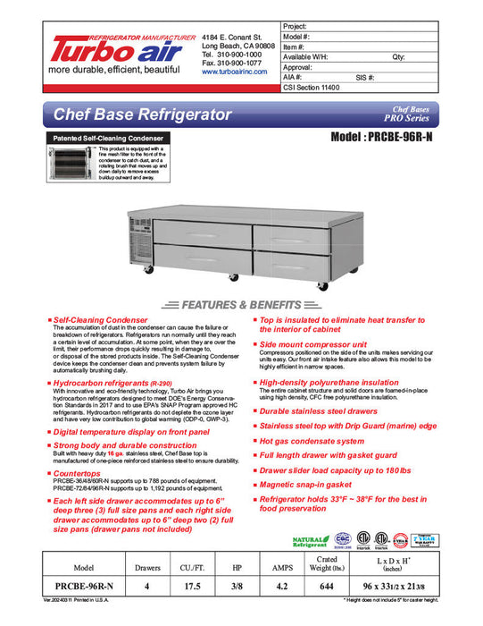 Turbo Air PRCBE-96R-N 96" PRO Series Chef Base w/ (4) Drawers - 115v - Bakery Wholesalers