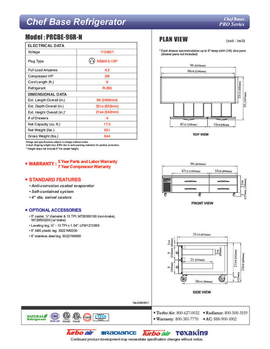 Turbo Air PRCBE-96R-N 96" PRO Series Chef Base w/ (4) Drawers - 115v - Bakery Wholesalers