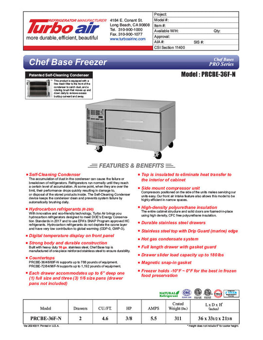 Turbo Air PRCBE-36F-N 36" PRO Series Chef Base Freezer w/ (2) Drawers - 115v - Bakery Wholesalers