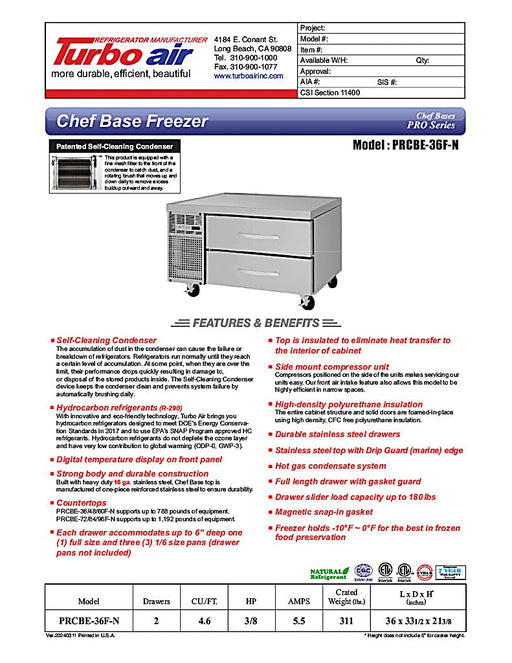 Turbo Air PRCBE-36F-N 36" PRO Series Chef Base Freezer w/ (2) Drawers - 115v - Donut-Equipment.com