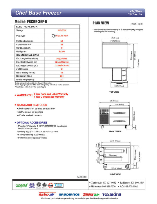 Turbo Air PRCBE-36F-N 36" PRO Series Chef Base Freezer w/ (2) Drawers - 115v - Bakery Wholesalers