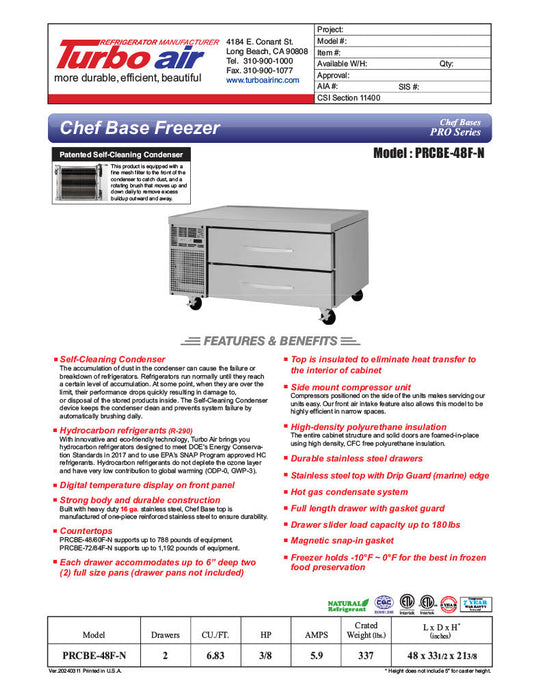 Turbo Air PRCBE-48F-N 48" PRO Series Chef Base Freezer w/ (2) Drawers - 115v - Bakery Wholesalers
