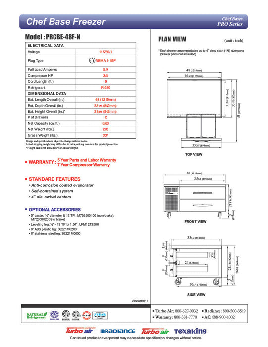Turbo Air PRCBE-48F-N 48" PRO Series Chef Base Freezer w/ (2) Drawers - 115v - Bakery Wholesalers