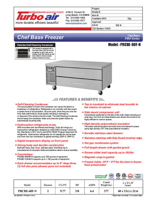 Turbo Air PRCBE-60F-N 60" PRO Series Chef Base Freezer w/ (4) Drawers – 115v - Bakery Wholesalers