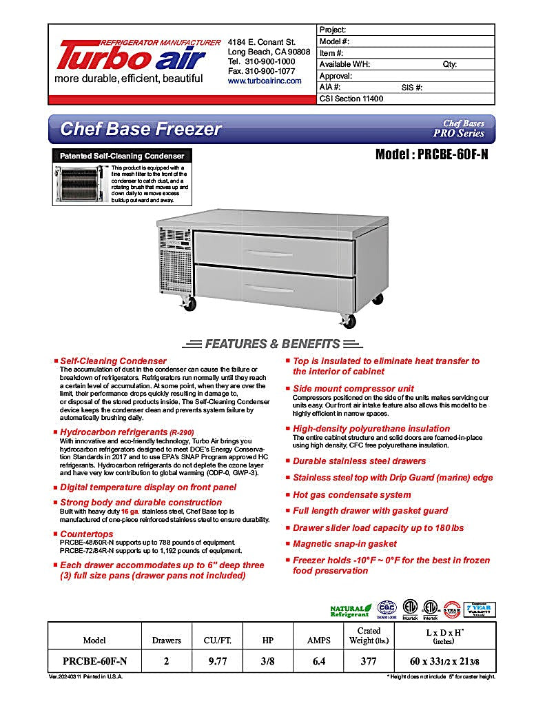 Turbo Air PRCBE-60F-N 60" PRO Series Chef Base Freezer w/ (4) Drawers – 115v - Donut-Equipment.com
