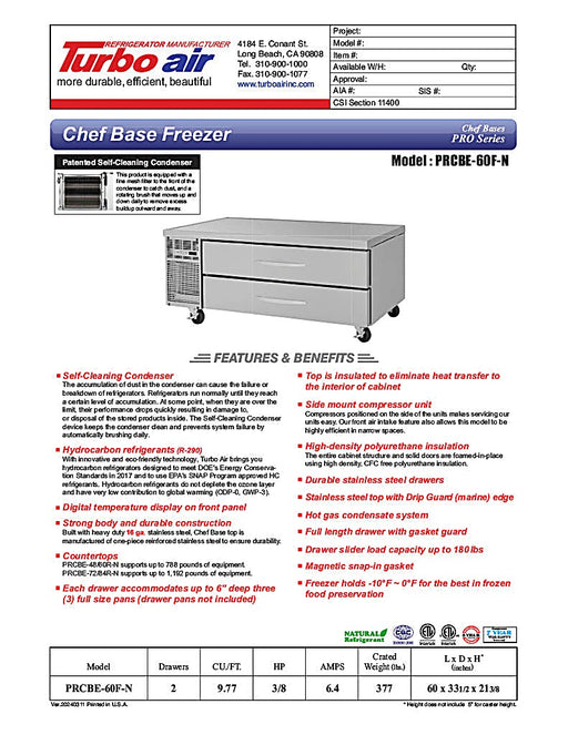 Turbo Air PRCBE-60F-N 60" PRO Series Chef Base Freezer w/ (4) Drawers – 115v - Donut-Equipment.com