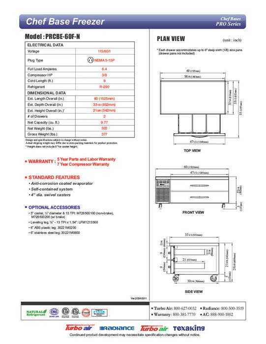 Turbo Air PRCBE-60F-N 60" PRO Series Chef Base Freezer w/ (4) Drawers – 115v - Bakery Wholesalers