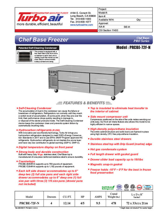 Turbo Air PRCBE-72F-N 72" PRO Series Chef Base Freezer w/ (4) Drawers – 115v - Bakery Wholesalers