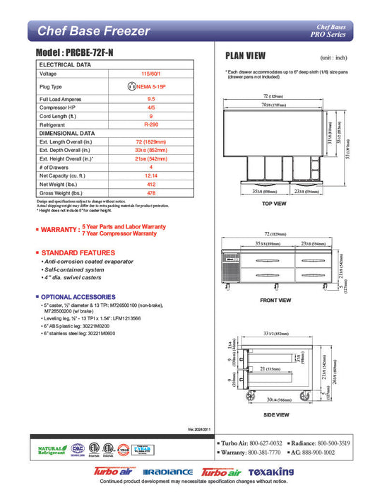 Turbo Air PRCBE-72F-N 72" PRO Series Chef Base Freezer w/ (4) Drawers – 115v - Bakery Wholesalers
