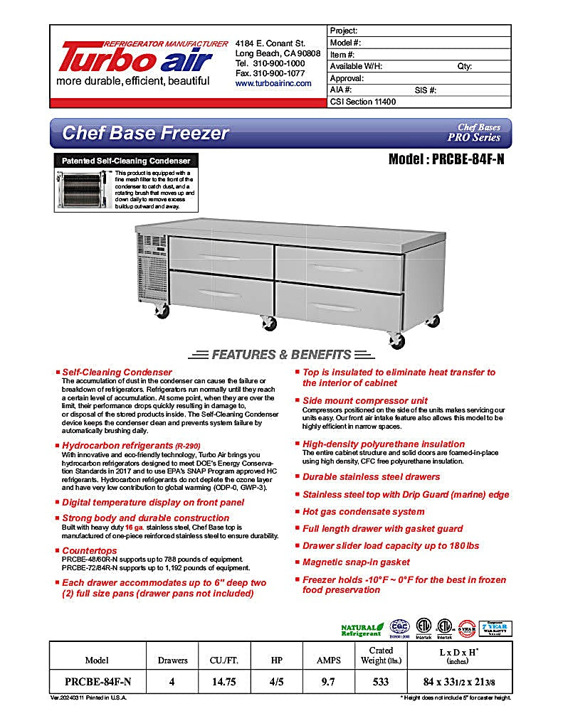 Turbo Air PRCBE-84F-N 84" PRO Series Chef Base Freezer w/ (4) Drawers – 115v - Donut-Equipment.com