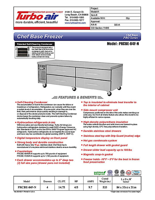 Turbo Air PRCBE-84F-N 84" PRO Series Chef Base Freezer w/ (4) Drawers – 115v - Donut-Equipment.com