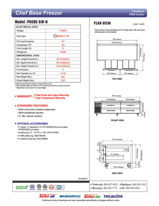 Turbo Air PRCBE-84F-N 84" PRO Series Chef Base Freezer w/ (4) Drawers – 115v - Bakery Wholesalers