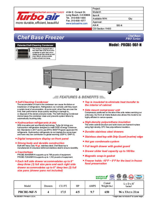 Turbo Air PRCBE-96F-N 96" PRO Series Chef Base Freezer w/ (4) Drawers – 115v - Bakery Wholesalers
