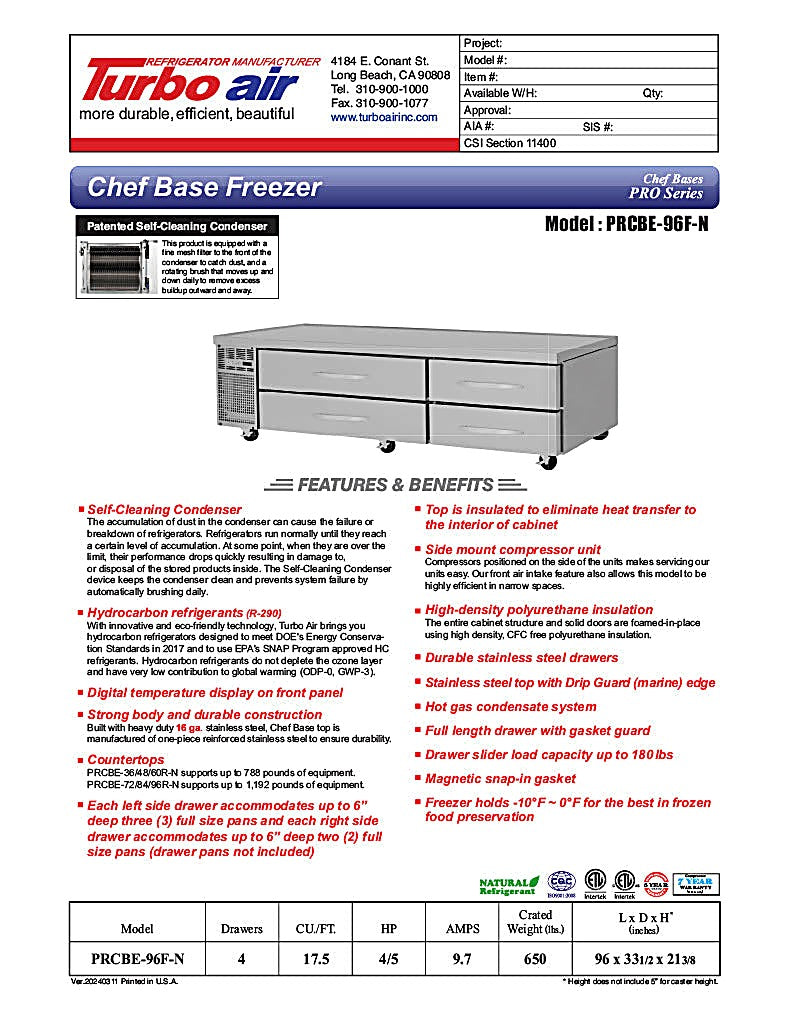 Turbo Air PRCBE-96F-N 96" PRO Series Chef Base Freezer w/ (4) Drawers – 115v - Donut-Equipment.com