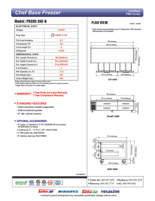 Turbo Air PRCBE-96F-N 96" PRO Series Chef Base Freezer w/ (4) Drawers – 115v - Bakery Wholesalers